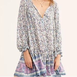 {Spell & The Gypsy} Dahlia Tunic Dress Dusty Blue Size XS Floral Boho Dress